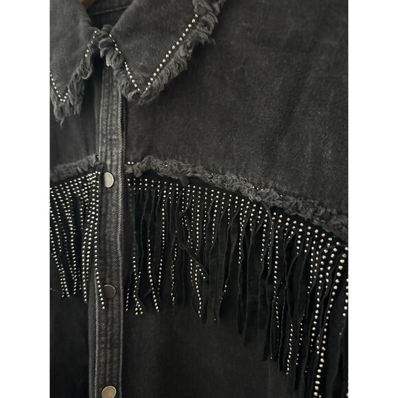 Zara Rhinestone Fringe Studded Jean Jacket  Black Size Medium - Picture 11 of 13
